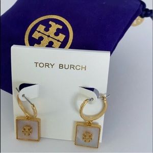 Tory Burch Square Gold Plated Mother of Pearl Drop Earrings